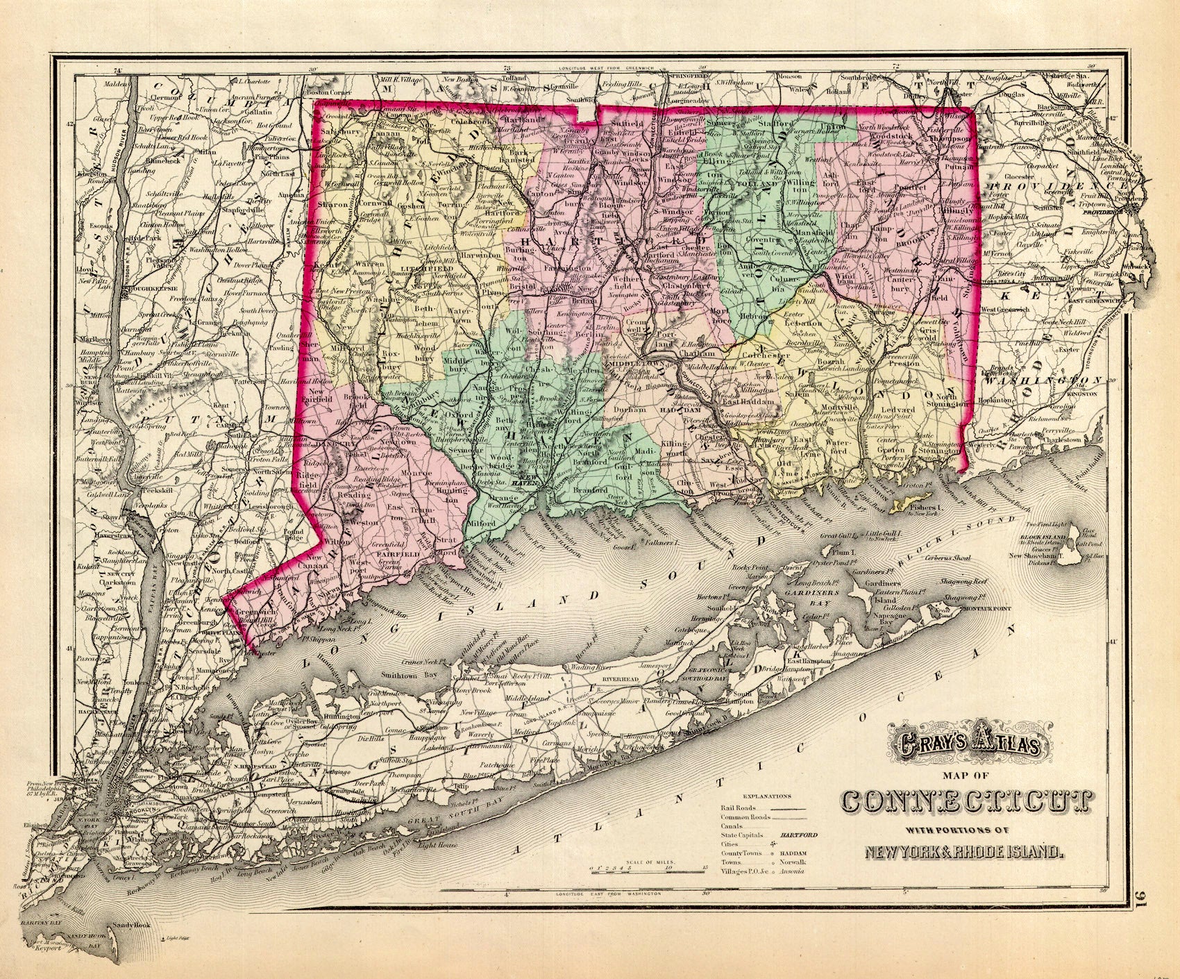(CT.) Map Of Connecticut With Portions Of New York & Rhode Island