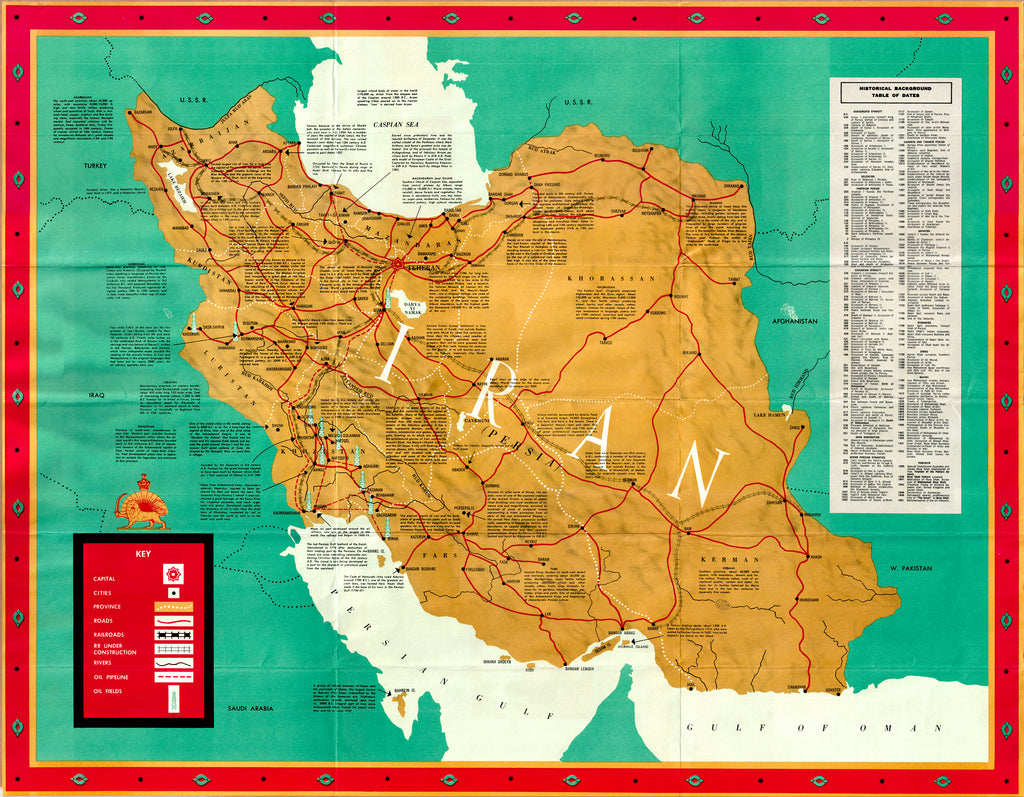 A dramatic and colorful promotional map for Iran, not long after the U.S. intervention to install the Shah, and deny the elected candidate that Eisenhower feared might be sympathetic to communism... and because of the abundant Iranian oil that the U.S. wanted as a guaranteed resource. Indeed while the map shows the roads, towns, regional borders and major drainages, the only other noted symbols are for oil pipelines, and the many oil fields of the west and southwest part of the country. 