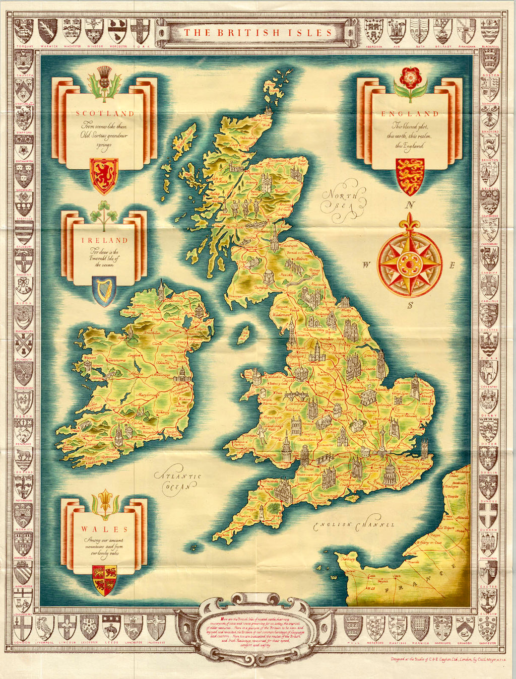 (Britain) The British Isles, C & E Layton, c. 1935 A beautiful, subtle pictorial map of Britain showing the rail routes that can get you to the countryside and heritage of the lands. Small architectural vignettes note cathedrals and monuments from Plymouth to John o' Groats in Scotland, from Westport in Ireland to the Cathedral of Canterbury