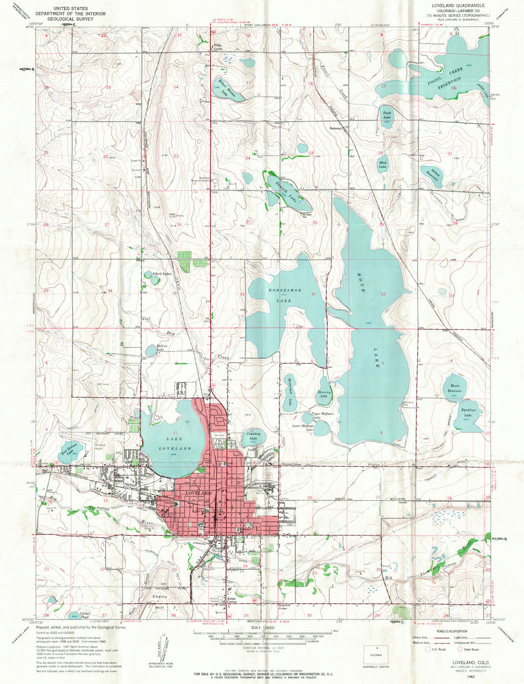 (CO.- Loveland) Loveland Quadrangle, 1962 A great reference for the town, including the numerous nearby lakes. spans from Kings Corner, up to Tilby Corner, with detail for terrain, drainages, as well as the roads, railroads and placenames. Does not some buildings. Condition is very good. Image size is approximately  26 x 18.5 (inches) Loveland Colorado