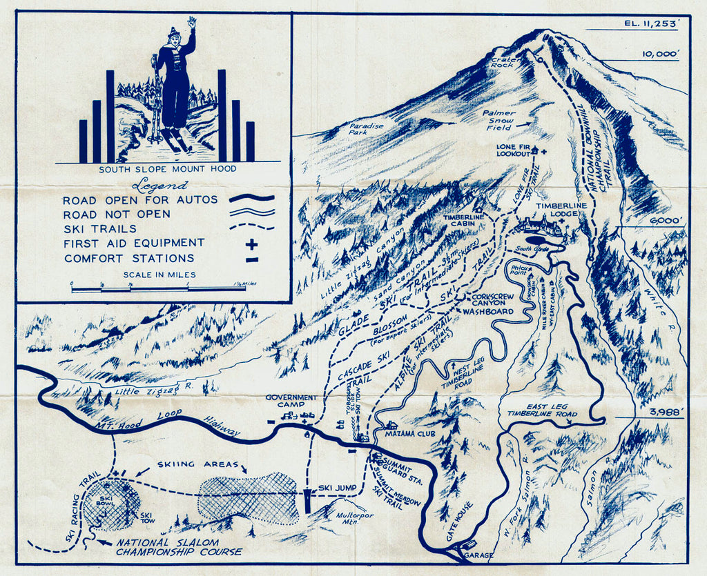 (OR.-Skiing) South Slope Mount Hood, Anon., 1939 An early map for the skiing potential around Mt Hood. The verso does warn that "Until the fundamentals of controlled skiing have been mastered, the running of the ski trails between Timberline Lodge and Government Camp should not be undertaken". While a "Ski Tow" is noted down in the "Skiing Areas" near Multopor Mtn, no ski lifts served the slopes further up. Uncommon.