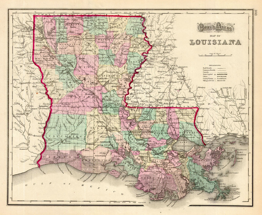 Map of Louisiana Gray, 1874 A post- Civil War map for the state, hand colored by county showing the latest growth of towns and railroads. Includes the best of what was charted for the coastal islands of the time. Condition is very good. Image size is approximately 12 x 15 (inches)