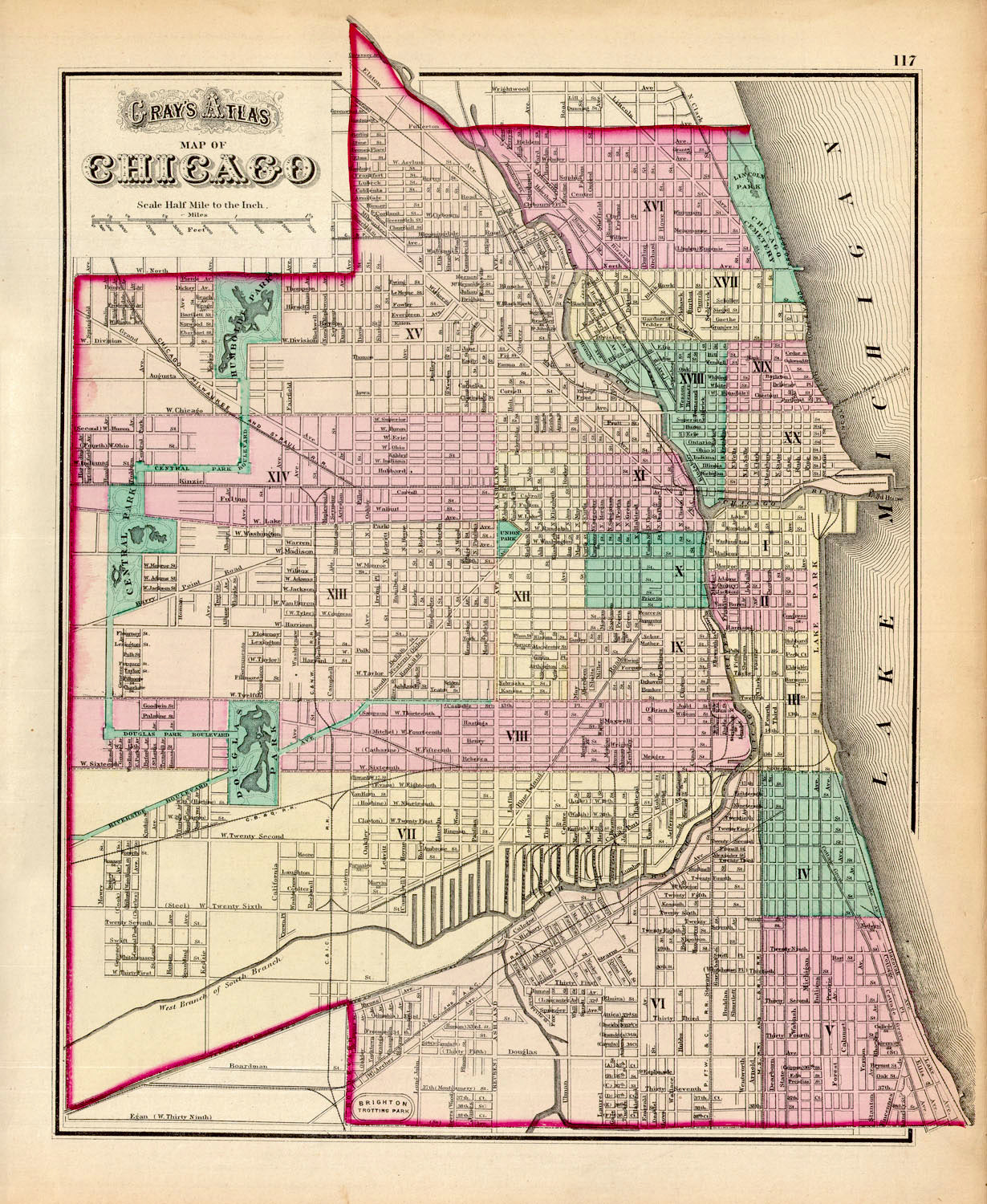 Map of Chicago Gray, 1874 It had recovered from a great fire in 1871 and it would face another smaller fire in this same year of 1874. With shoreline expanded by the ruble of the great conflagration, the city continues to grow with its trademark tenacious endurance. Blocks that had been levelled are again defined, and the green belt of parks and boulevards begin to ring the entire town. Condition is very good. Image size is approximately 15.75 x 13 (inches)  