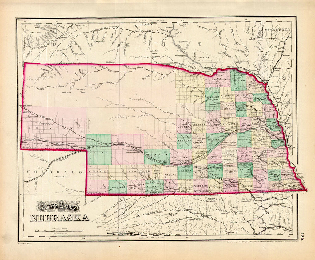 Map Of Nebraska Gray, 1874 Not long after the golden spike cemented a rail route across the nation, through Nebraska, here we see the continued slow creep of settlement and development. Just as growth had always popped up along rivers and tributaries, so too the railroad sees both stops and towns that begin to flank its progress. Note the vast, unnamed northwest territory. Condition is very good. Image size is approximately 12 x 15.5 (inches)