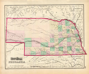 Map Of Nebraska Gray, 1874 Not long after the golden spike cemented a rail route across the nation, through Nebraska, here we see the continued slow creep of settlement and development. Just as growth had always popped up along rivers and tributaries, so too the railroad sees both stops and towns that begin to flank its progress. Note the vast, unnamed northwest territory. Condition is very good. Image size is approximately 12 x 15.5 (inches)