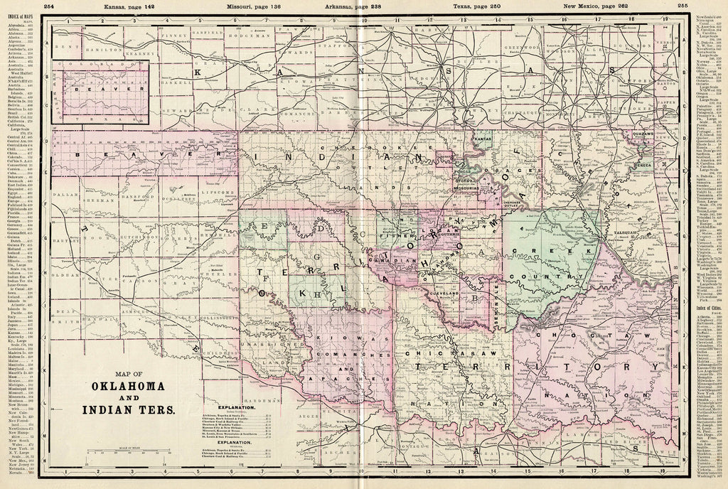 (OK.) Map Of Oklahoma and Indian Ters., Walker, 1893 Just prior to the land run for the "Cherokee Outlet", here are the rapidly changing sister territories as Oklahoma continues to expand. Numerous western counties are divided yet unnamed and are shown with letters from "A" to "H". The far southwestern county is noted as "Unassigned Land" and was being claimed by Texas. A great reference for the time. Condition is very good. Image size is approximately 16.25 x 24 (inches). 