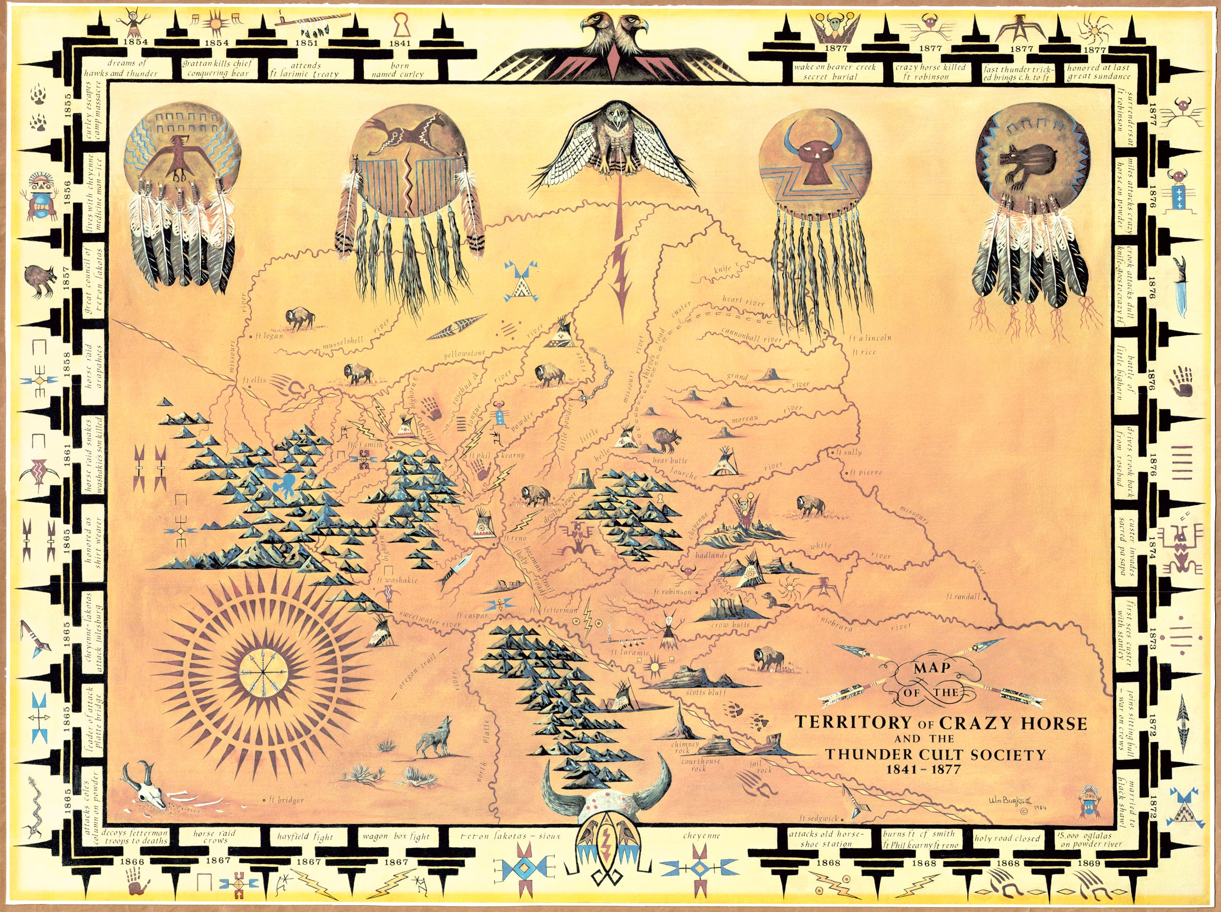 (West-Native American)Map of the Territory of Crazy Horse and the Thunder Cult Society 1841 - 1877