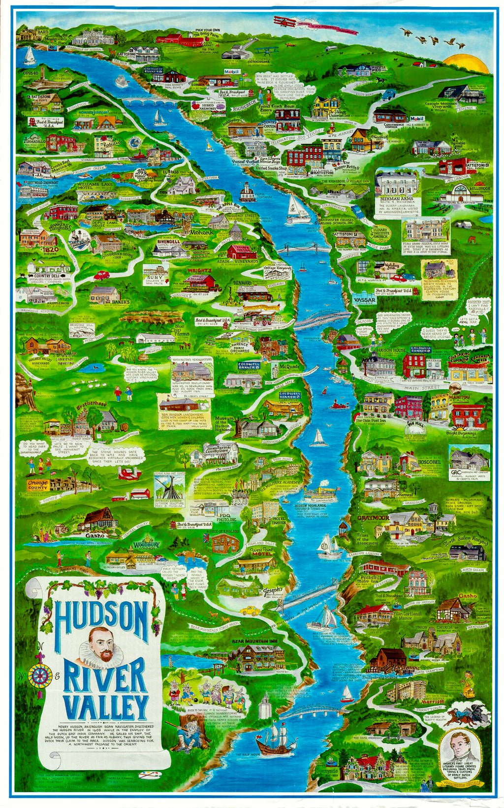 A playful pictorial advertising map for this stretch of the Hudson River Valley, from Tarrytown, up to Bard College and Annandale On Hudson. Full of notations for Inns and Hotels, as well as Vineyards and Orchards. Includes many of the regional colleges like Vassar and SUNY. Does include the "Appalachian Trail" as it crosses the region. 