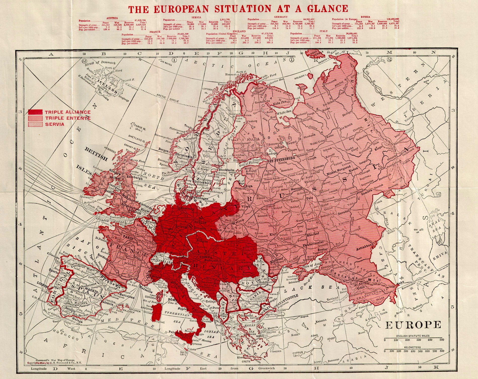 (WWI - Europe) Hammond's War Map Of Europe Showing all Countries Involved in Great Conflict of European Powers