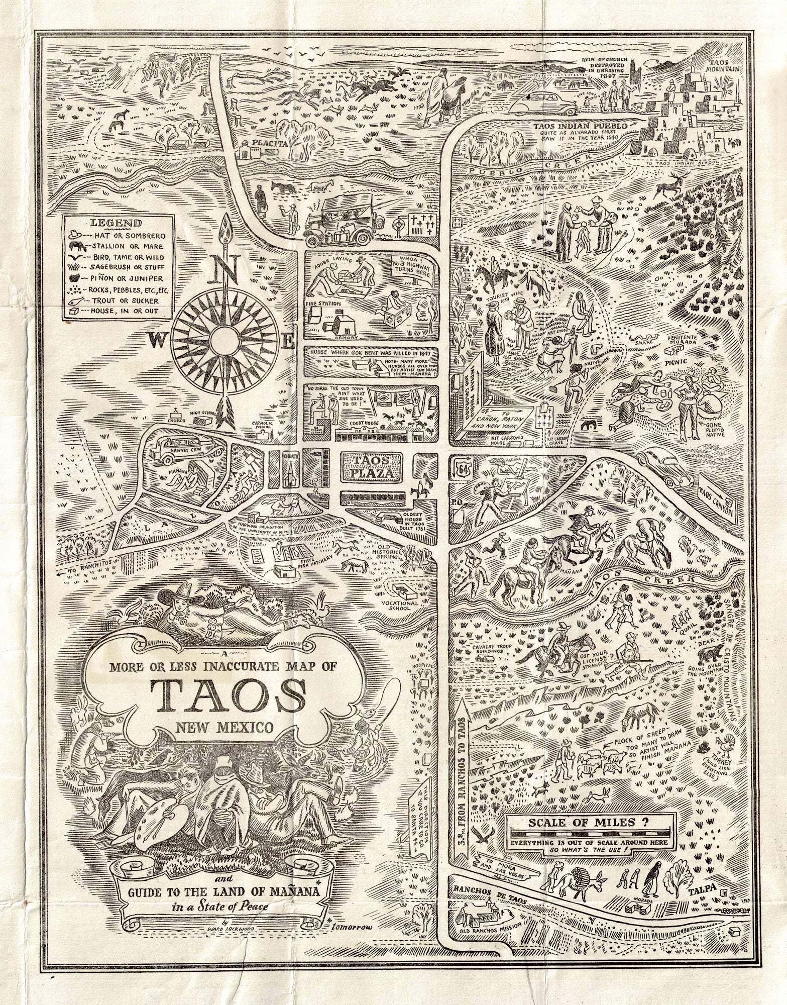 (NM.) A More of Less Inaccurate Map of Taos New Mexico and Guide To The Land of Mañana in a State of Peace