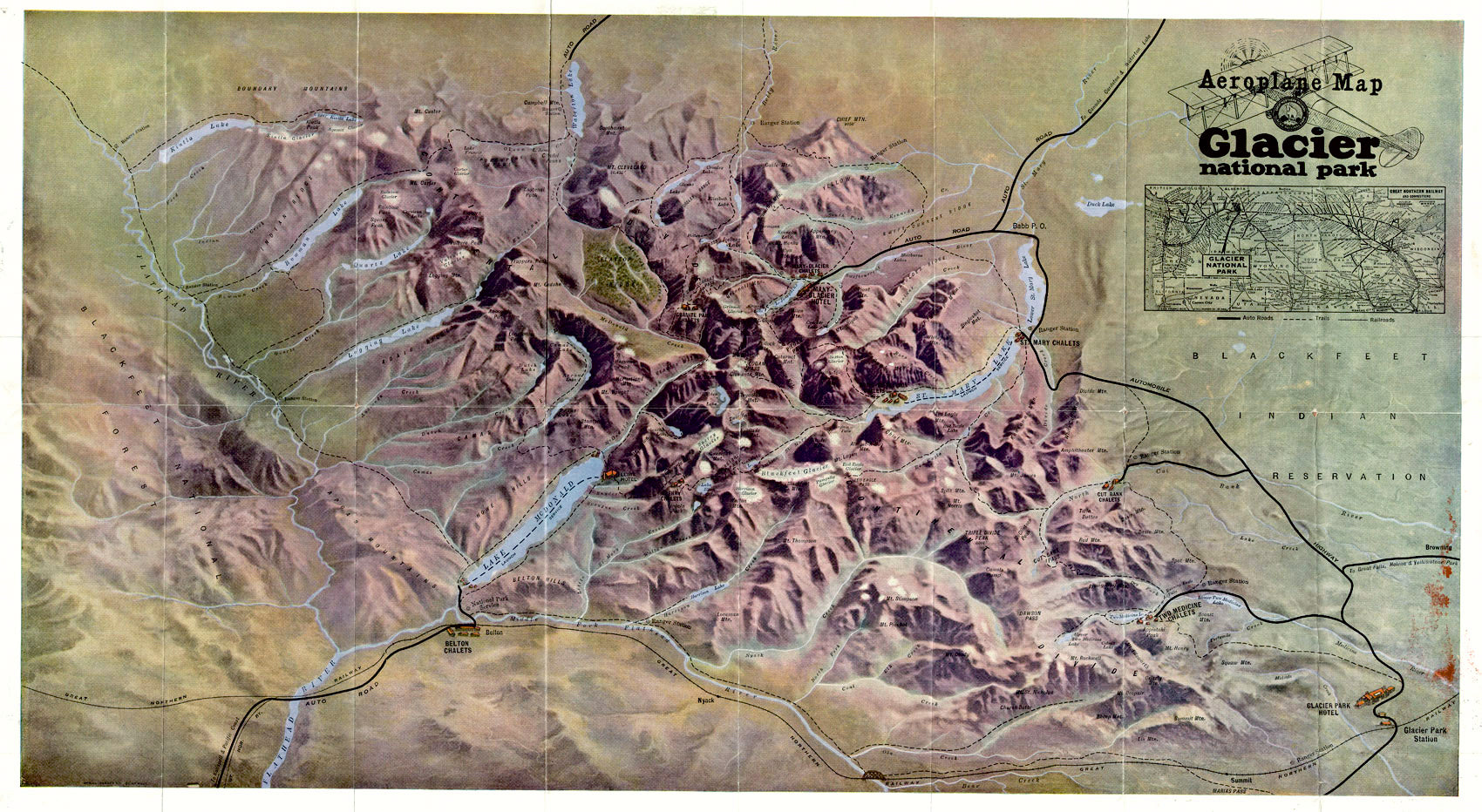 (MT. - Glacier) Aeroplane Map of Glacier National Park