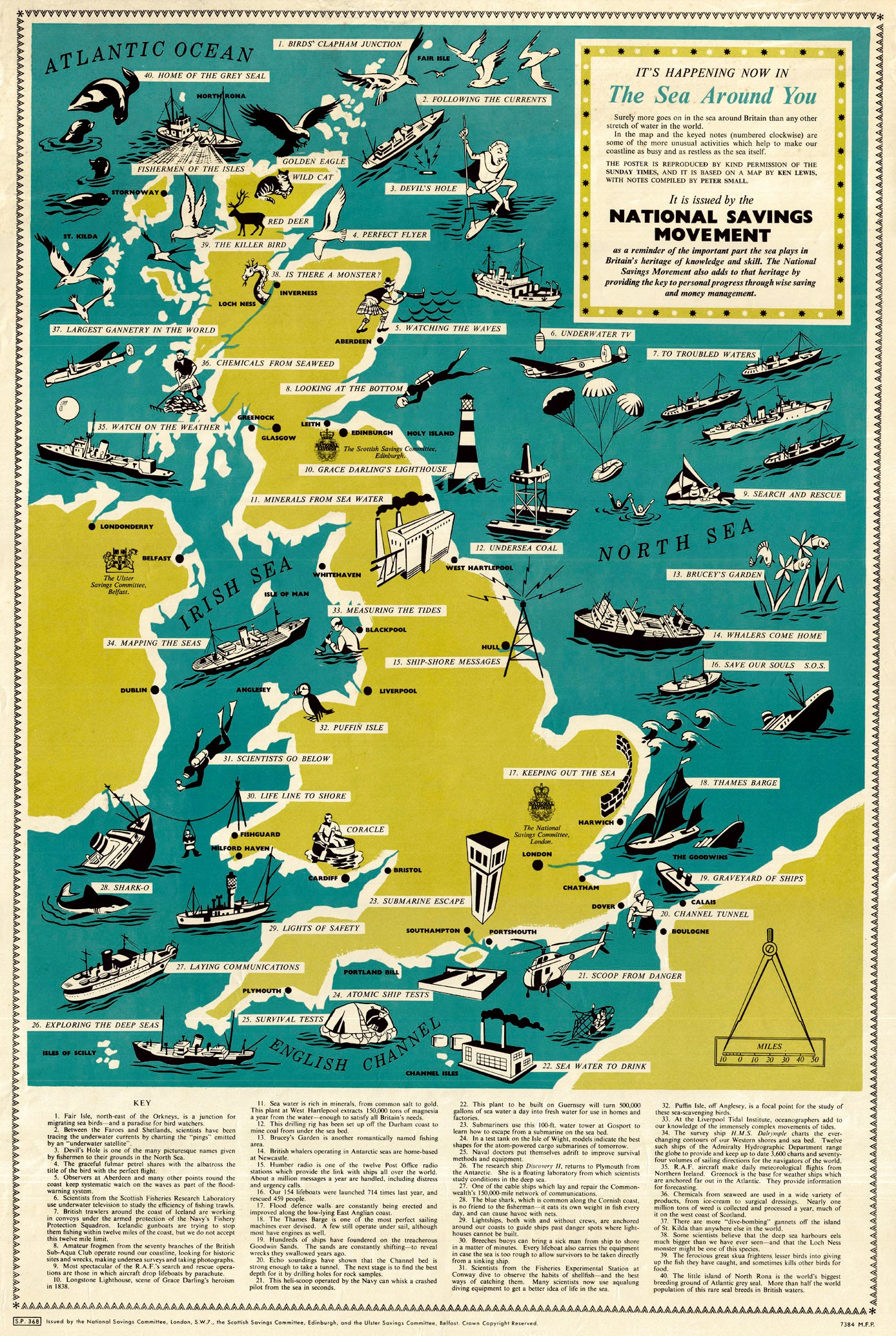 From the great Gannet kingdom in the western Isles of Scotland, down to the Scilly Isles off Cornwall, here are the great seas that envelope the nations and some of their future impact. Shows a wealth of new technologies for "Mapping The Seas", "Underwater TV", and even "Atomic Ship Tests" where"In a test tank on the Isle of Wight, models indicate the best shapes for the atom-powered cargo submarines of tomorrow. Does also show a driller near Dover noting the potential of a "Channel Tunnel" in the future