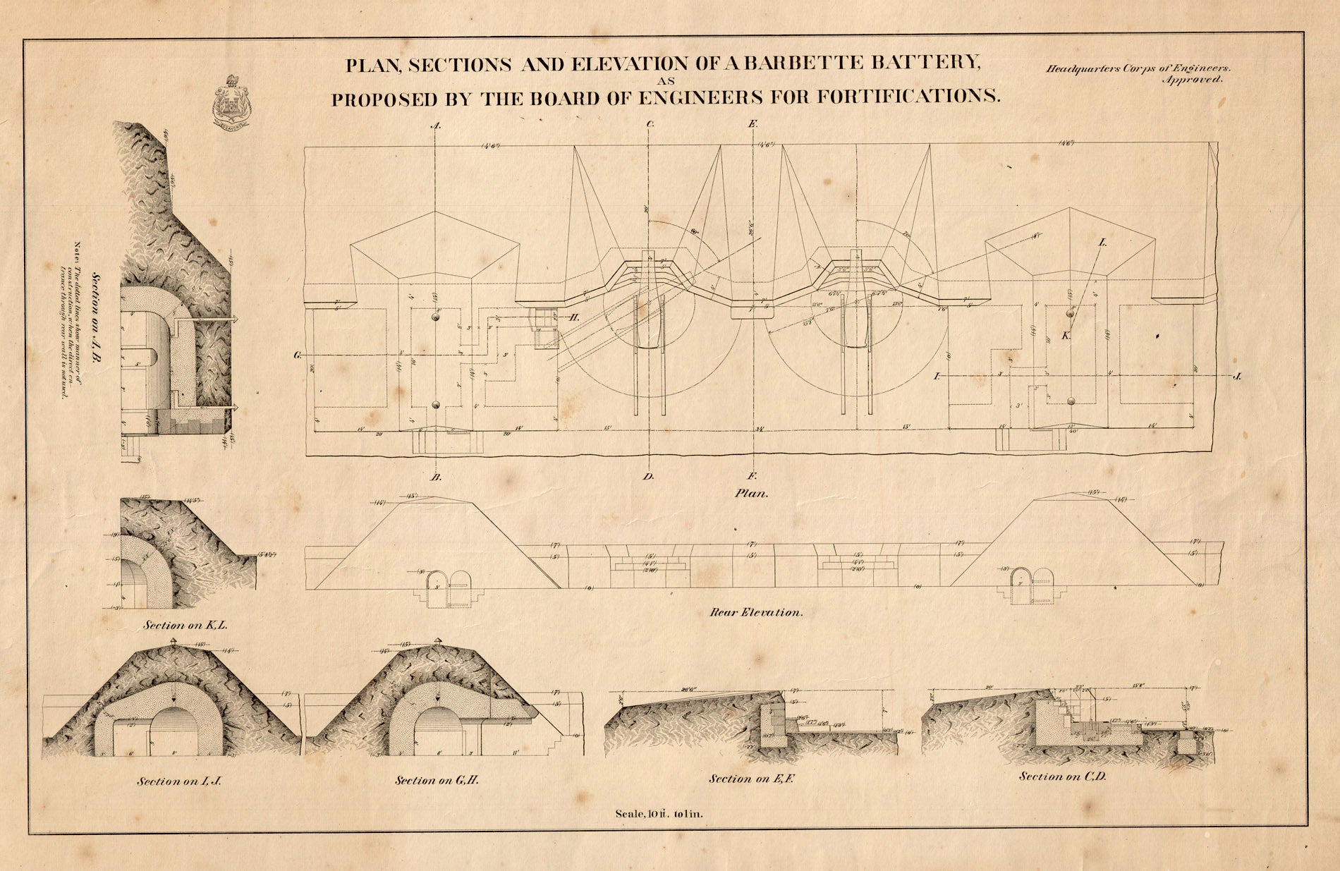 (Civil War) Plan, Sections and Elevation Of A Barbette Battery...