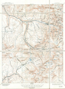 (CO. - Telluride) TELLURIDE QUADRANGLE, U.S.G.S., 1904 (1922) An excellent instance of the precise work created by the U.S.G.S., here for the area around Telluride. Brown ink depicts the complx contours of the terrain, with blue ink illustrating the drainages, and black ink showing the cultural features of towns, roads, rail roads, place names as well as many mines. Condition is very good, and has been bisected and backed with linen. Condition is very good. Image size is approximately 20 x 15.5 (inches).