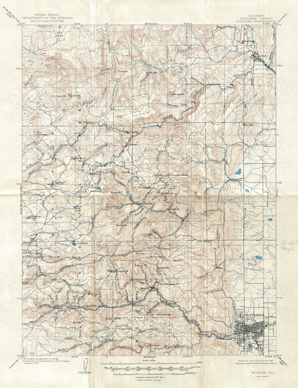 (CO. - Boulder - Lyons) Boulder Quadrangle, 1947  With a simple color scheme showing the terrain and drainages, this map is a great reference for the towns and roads of the area. Spans from Boulder and beyond Sugar Loaf, up through Gold Hill , Jamestown, St Vrain Creek and the small town of Lyons. Condition is good with some minor manuscript pencil notations. Image size is approximately 19.5 x 14 (inches)