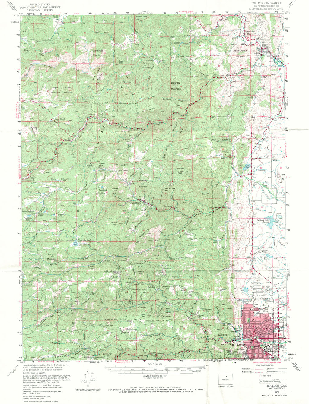 (CO. - Boulder - Lyons) Boulder Quadrangle, U.S.G.S., 1957  Showing most of the grid of the town of Boulder in the lower right, this map reaches into the nearby mountains from Sugarloaf and Gold Hill, up through Jamestown, and on up to Lyons and the towns just along the nearby hills. Shows a wealth of detail towns, roads and railroads as well as terrain and drainages. A great reference. Condition is very good. Image size is approximately 20 x 14 (inches)