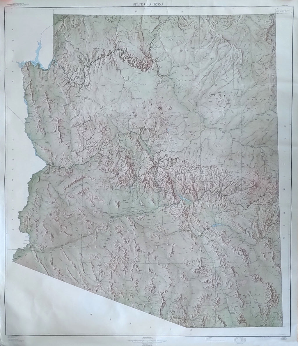 State of Arizona map, U.S.G.S. color shaded relief map of the state of AZ.