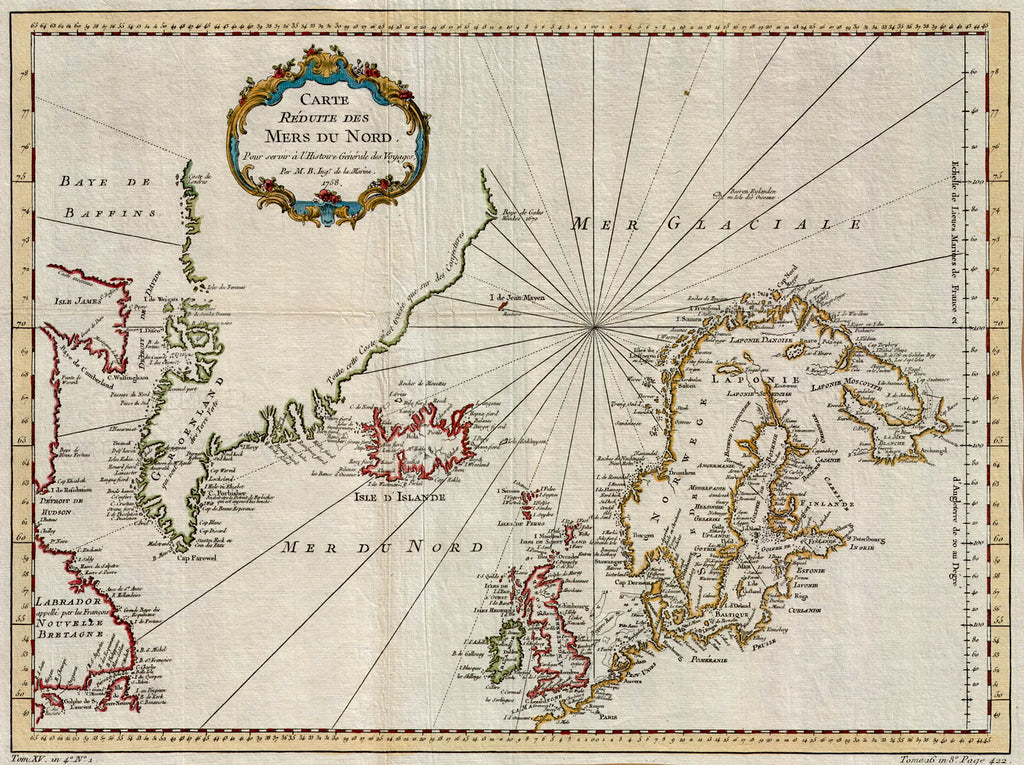 (North Atlantic-Europe) Carte Reduite Des Mers Du Nord, Bellin, 1758 From the Labrador coast and up to Baffin Bay, east across Greenland, Iceland, and through to Scandinavia. Showing the coastal outline of portions of the continents and neighboring islands, it gives a clear sense of proximity from the old world to the new. Notes the major coastal cities and placenames. 