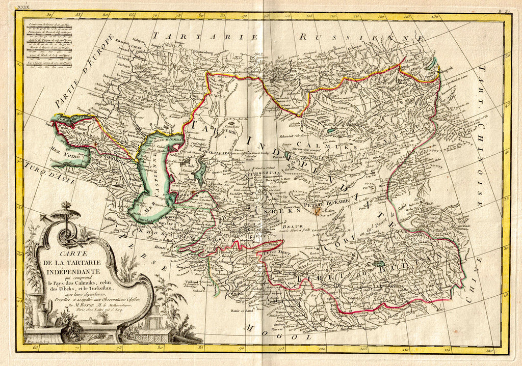 (Caucases - Tibet- Russia - China) Carte De La Tartarie Independante..., Bonne, c. 1770 An early map to detail what is a more remote but fascinating part of the world. From the Caucases to Tibet and China, from Northern India up to Russia. Notes peoples, drainages, some roads, nations and some of the major mountain chains. One of the few maps we've found that notes Tibet as also "Budian". Nicely hand colored. 
