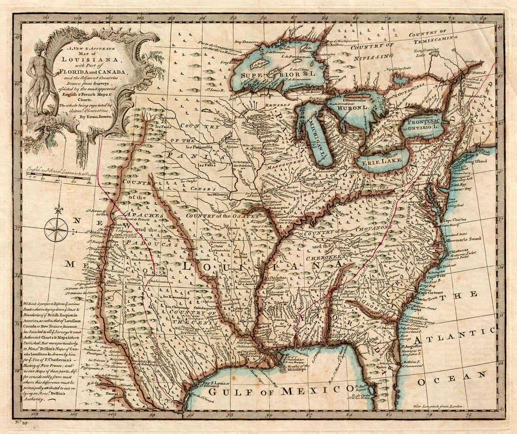 A New & Accurate map of Louisiana, with Part of Florida and Canada, and the Adjacent Countries Drawn from Surveys, assisted by the most approved English & French Maps & Charts. The whole being regulated by Astron. Observations. By Eman. Bowen, 1752 Colonial America maps, Cherokee maps