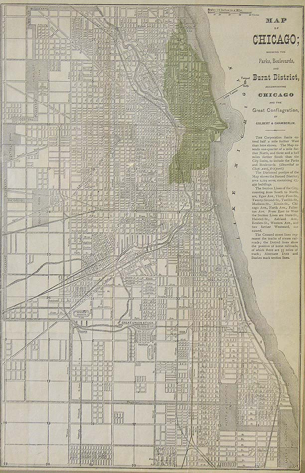 Map of Chicago; Showing the Parks, Boulevards, and Burnt Distric