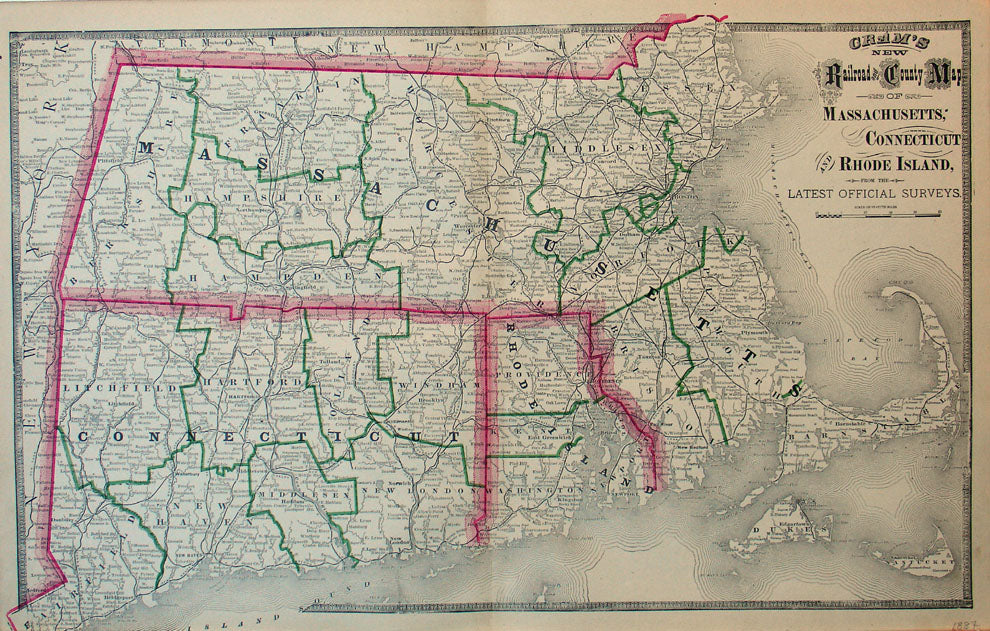 Cram's New Railroad and County Map of Massachusetts, Connecticut