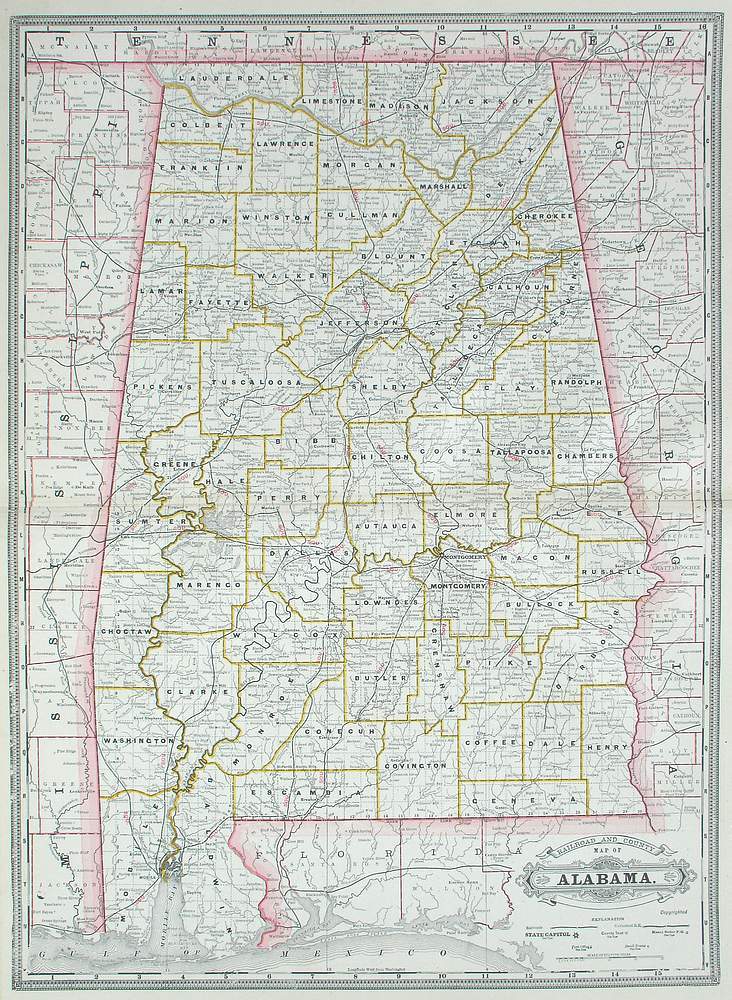 Railroad and County Map of Alabama – The Old Map Gallery