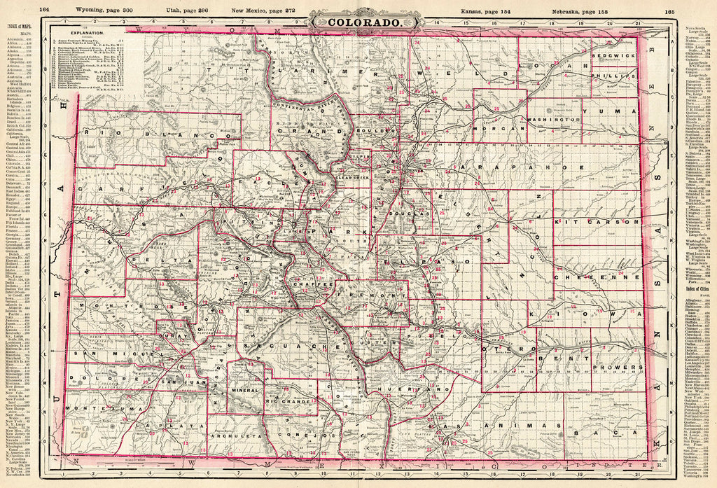 (CO.) COLORADO, Cram, 1895 An articulate railroad map for the state that didn't miss a thing for railroads, towns, drainages and the major terrain. Cram was consistent with updating their work, paying attention to the expansion of rail as well as the introduction of new towns and counties. A great reference for the period. Condition is very good. Image size is approximately 16.5 x 24 (inches).