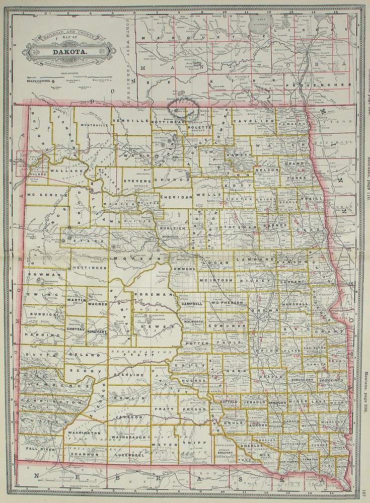 (North Dakota & South Dakota)  Railroad and County Map of Dakota