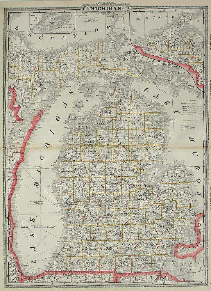 (Michigan) Railroad and County Map of Michigan