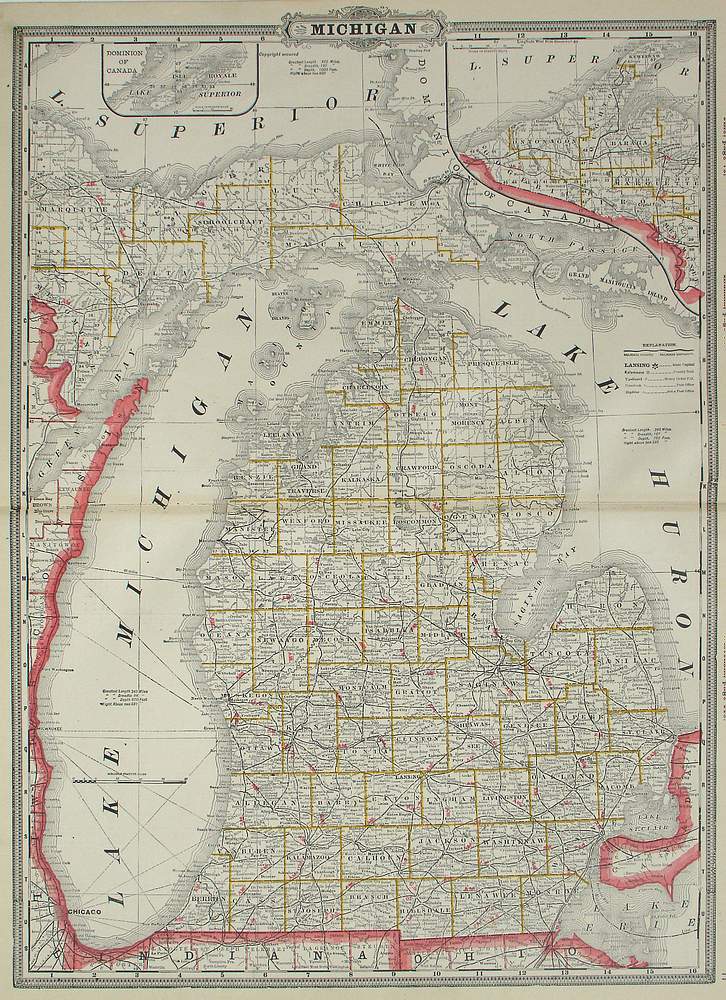 (Michigan) Railroad and County Map of Michigan – The Old Map Gallery
