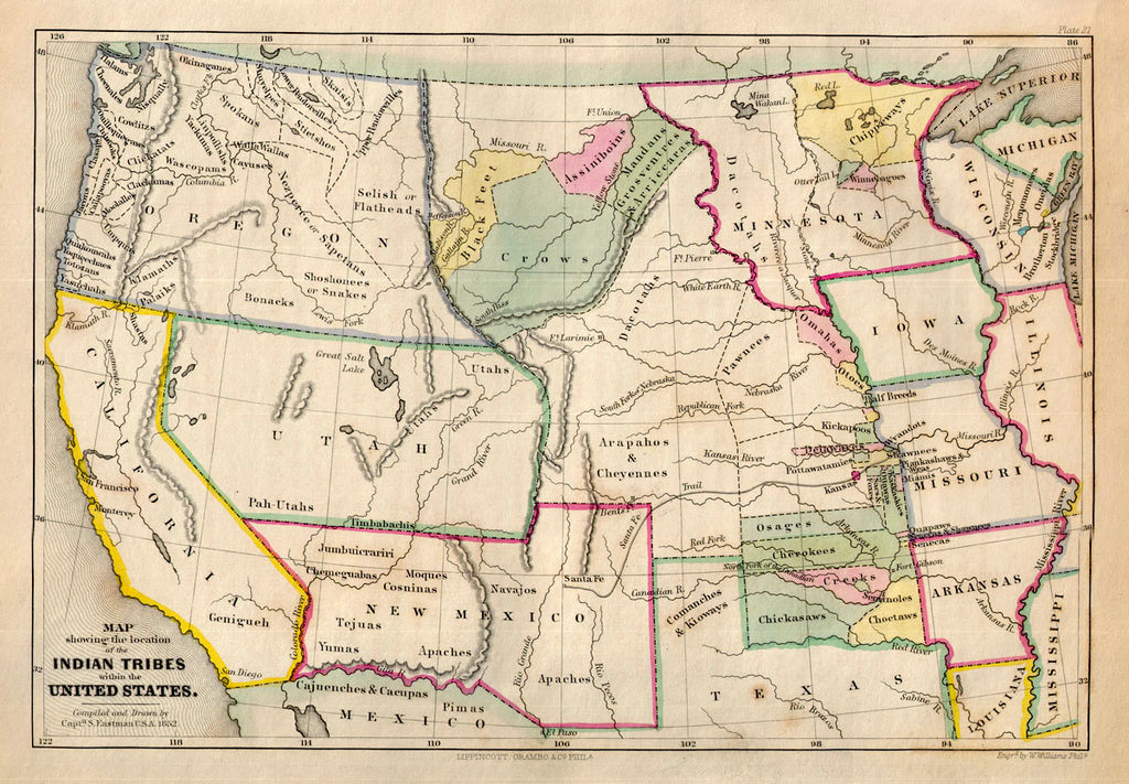 (U.S. West) Map showing the location of the Indian Tribes within the United States. Eastman, 1853