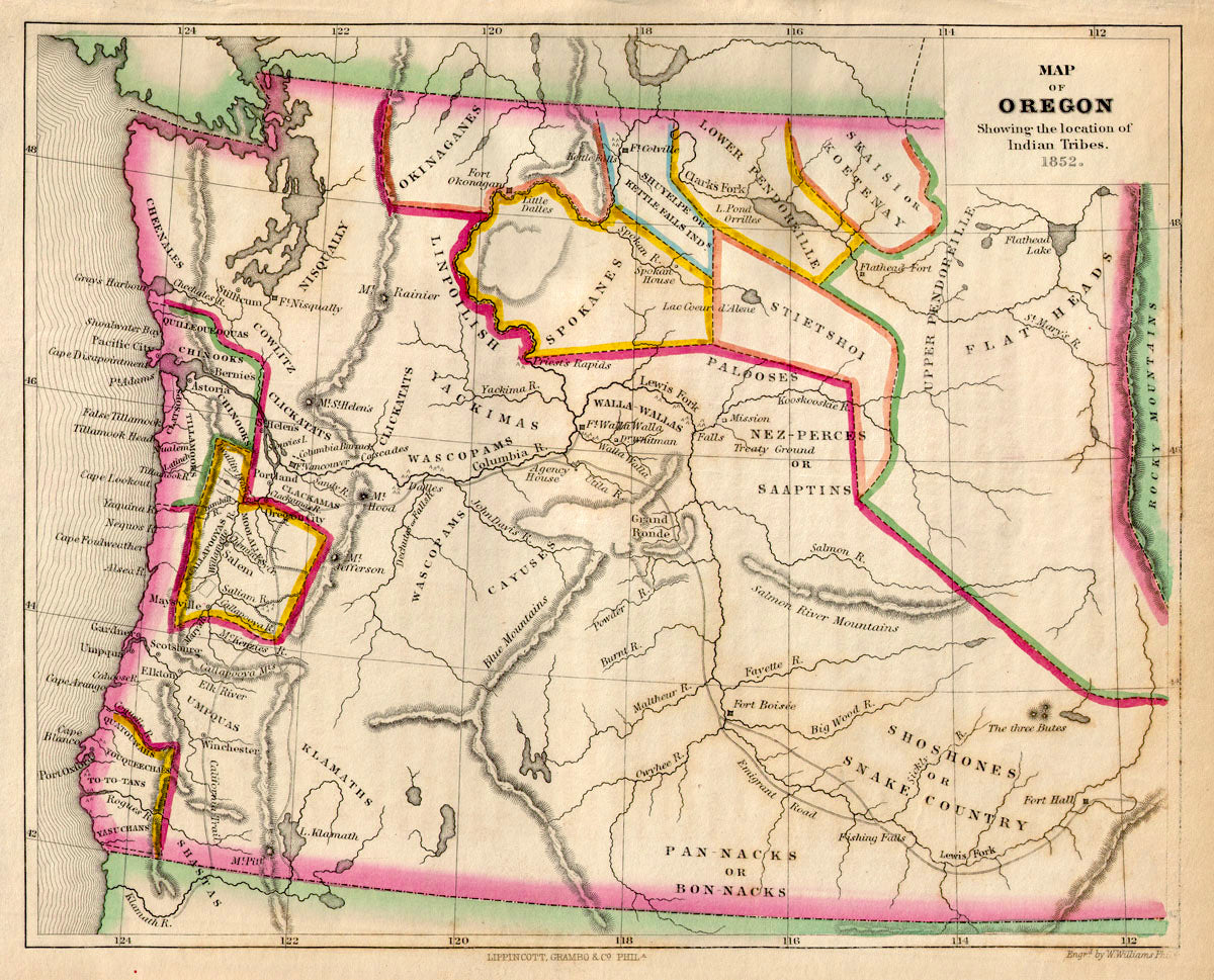 (Pacific Northwest) Map of Oregon Showing the location of Indian Tribes. 1852.