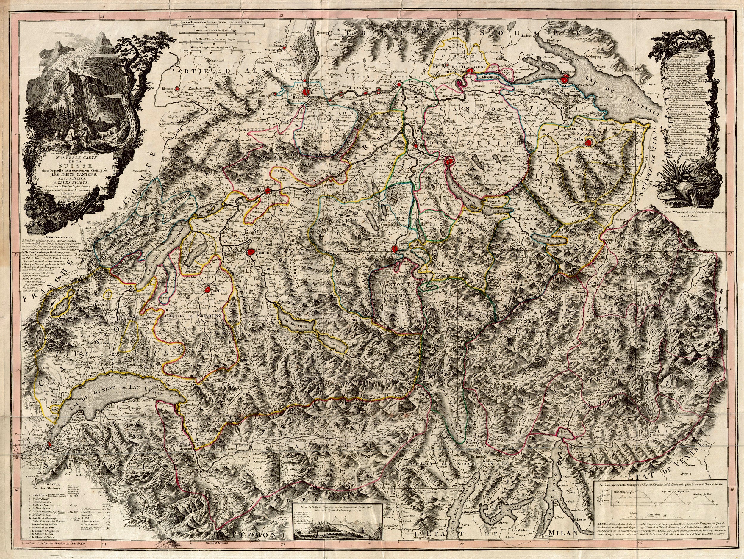 (Switzerland) Nouvelle Carte De La Suisse dans laquelle sont..., Faden, 1799 A stunning large engraving for one of the bigger cartographic challenges in depicting the lands of Europe, mapping the terrain of Switzerland. This detailed, dark copperplate engraving illustrates the Alps and valleys, the lakes and drainages, as well as the roads, cities towns and canton boundaries. It's an amazing work, complimented by nice cartouches. 