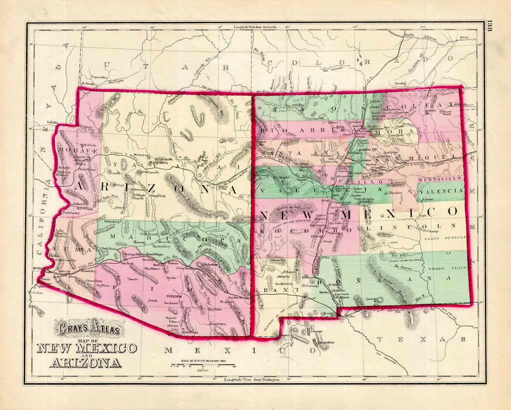 Map of New Mexico and Arizona Gray, 1874 Here the sister southwestern territories showing the railroads, towns and county division. Including a five county Arizona. Shows the major drainages and terrain. Condition is very good. Image size is approximately 12 x 15 (inches) 