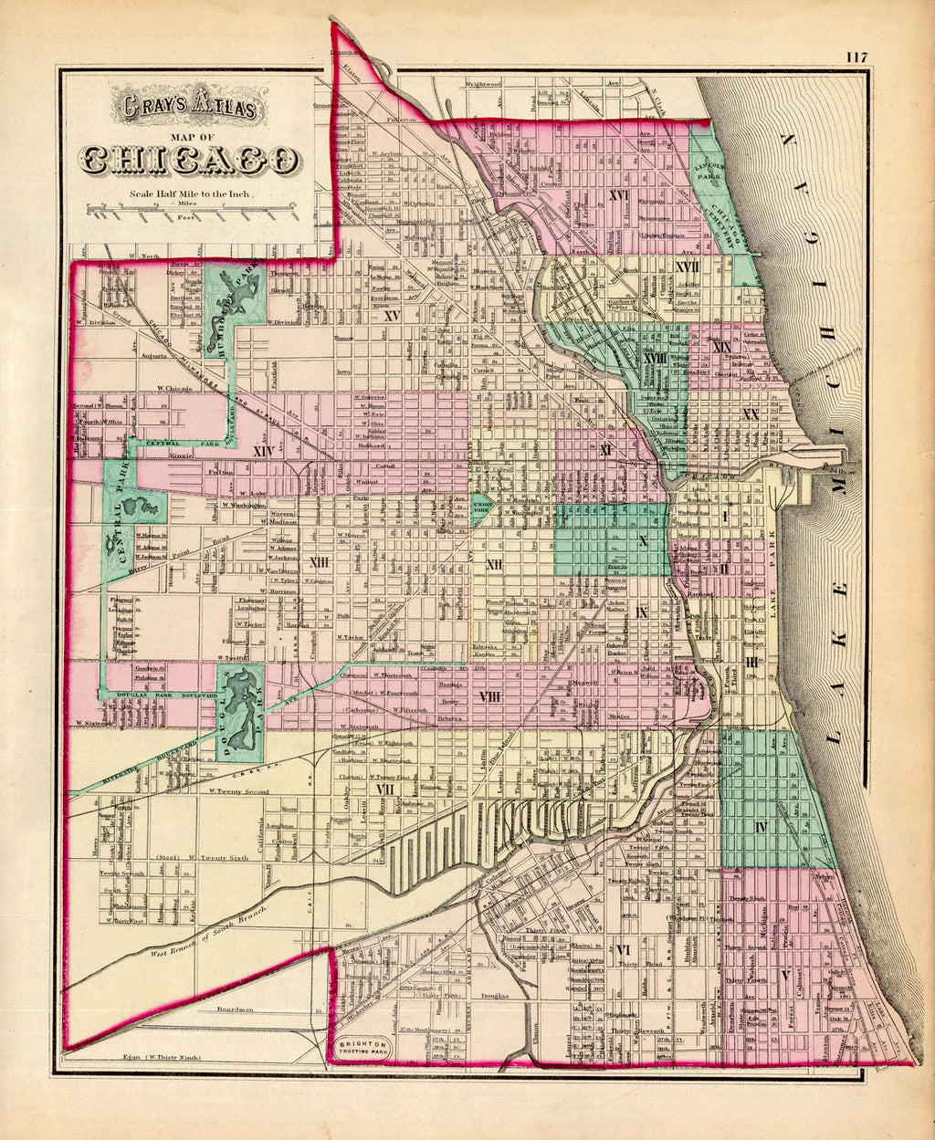 Map of Chicago Gray, 1874 It had recovered from a great fire in 1871 and it would face another smaller fire in this same year of 1874. With shoreline expanded by the ruble of the great conflagration, the city continues to grow with its trademark tenacious endurance. Blocks that had been levelled are again defined, and the green belt of parks and boulevards begin to ring the entire town. Condition is very good. Image size is approximately 15.75 x 13 (inches)  