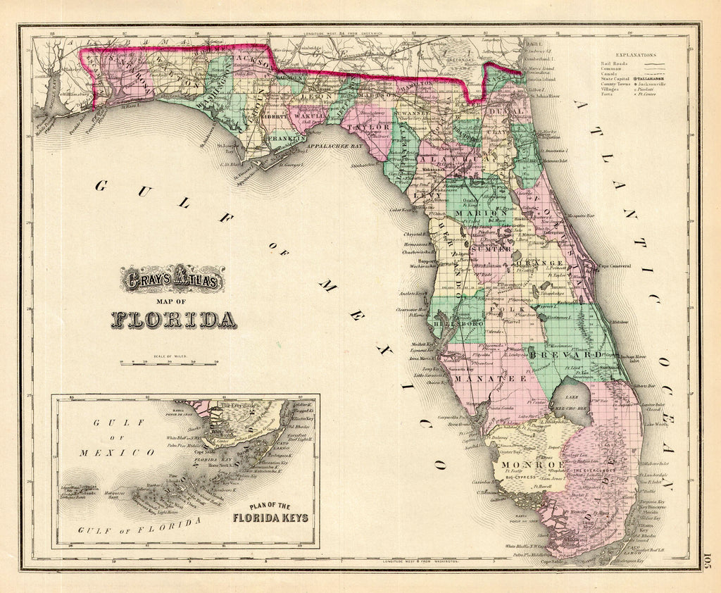 Map of Florida Gray, 1874 It's almost two different worlds from the towns and railroad of the panhandle and northern portions of the state, to the vast empty counties of the south, with fewer towns and a handful of forts. Does note Miami along the coast, in between Ft Dallis and Virginia Key. An inset shows the "Plan of the Florida Keys". Condition is very good. Image size is approximately 12 x 15 (inches) 