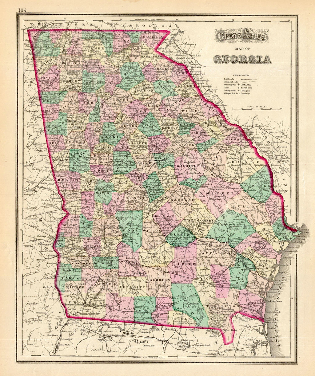 Map of Georgia Gray, 1874 Just a decade after the Civil War and here the reconstructing Georgia is regaining momentum. Hand colored by county and dense with notations for towns and railroads. Condition is very good. Image size is approximately 15 x 12.5 (inches)