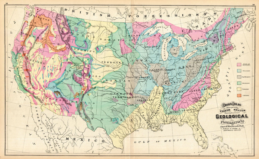 Map of the United States Showing the principal Geological Formations By Chas. H. Hitchcock Ph.D... Gray, 1874 To have Hitchcock's name in the title was adding gravity to the significance of this map. Hitchcock was one of the early American proponents of the new science of geology, and this hand colored map gave a good basic overview to major structures. Condition is very good. Image size is approximately 16.5 x 26.6 (inches) 