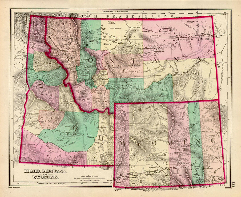 Idaho, Montana And Wyoming. Gray, 1874 Dividing the northern plains and Rockies, here the neighboring territories. Wyoming is divided into five vertical counties, while Montana and Idaho are separated into mostly river and terrain bounded counties that carve up the vast, mostly uninhabited lands. Bold original hand color Condition is very good. Image size is approximately 12.5 x 15 (inches) 