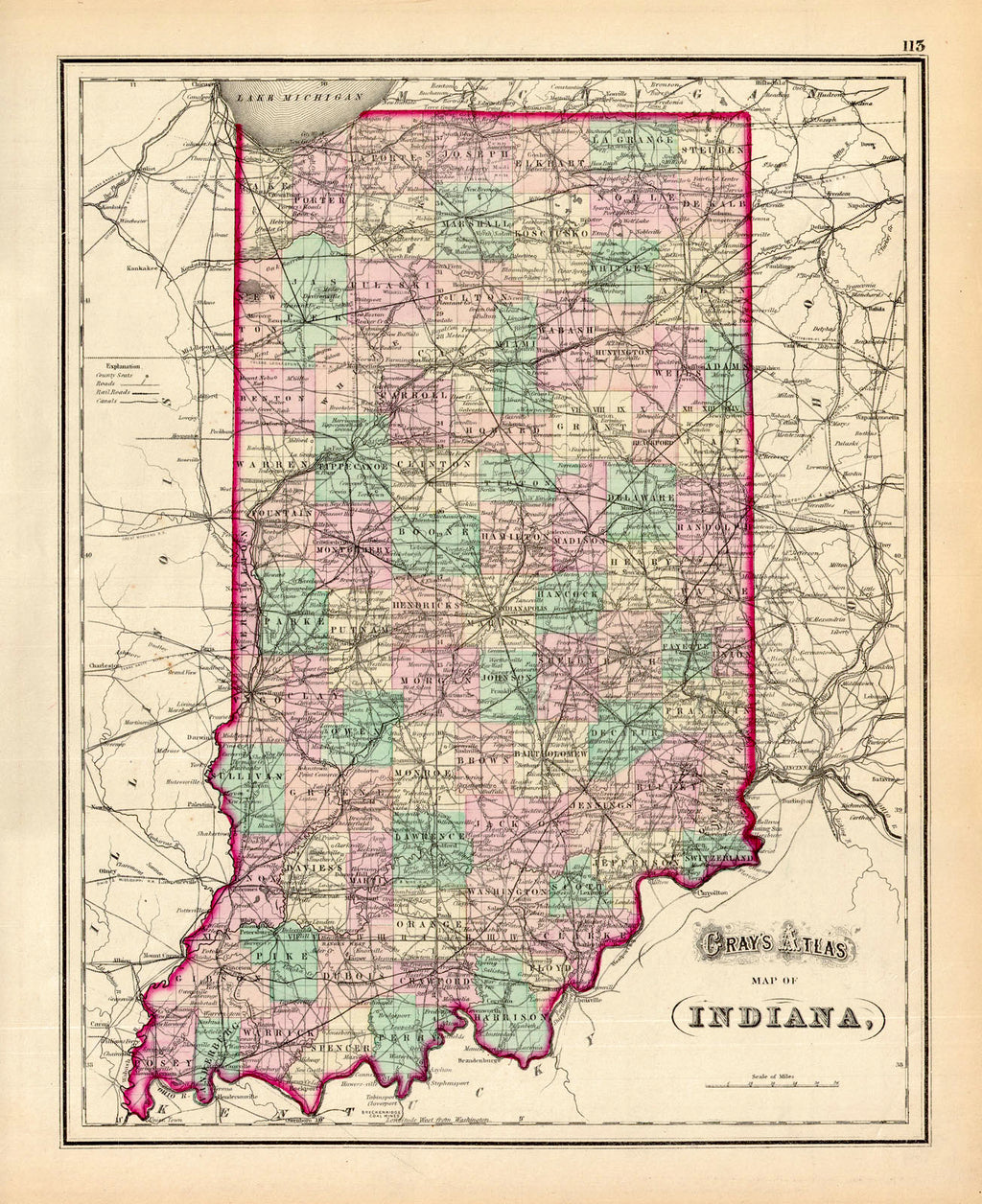 Indiana Gray, 1874 What had been a mostly vacant territory six decades prior, is now an active agricultural state. With railroads crossing through every county multiple times, there was infrastructure to connect this growing state with settlement growing northward. Condition is very good. Image size is approximately 15 x 12 (inches)