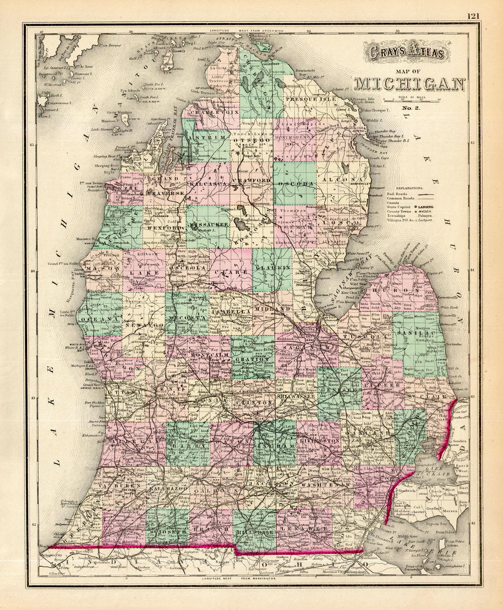 Michigan Gray, 1874 With settlement dense along the lower third of the state we see northern counties empty as railroads press northward toward resources and the upper peninsula. Dense with railroads and roads we get a sense of the activity of the time through its infrastructure. Condition is very good. Image size is approximately 15 x 12 (inches)