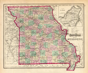 Map Of Missouri Gray, 1874 Empowered by its presence on the Mississippi river, and the water route of the Missouri river through its midst, it had been the gateway to the West and the frontier for a long time. Here the state connects railroad infrastructure to its neighbors Kansas and Indian Territory as it continues to grown. An inset shows the growing vicinity around St Louis. Condition is very good. Image size is approximately 12.5 x 15 (inches) 