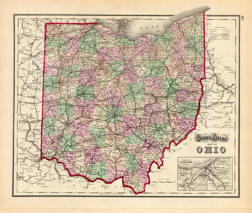 Map Of Ohio Gray, 1874 It's a center of industry, agriculture and population. With towns abundant from one border to the other, railroads and roads serve the growing state. Hand colored by county. An inset shows the counties of "Vicinity Of Cleveland Cuyohoga & Co.". Condition is very good. Image size is approximately 12.5 x 15 (inches) 