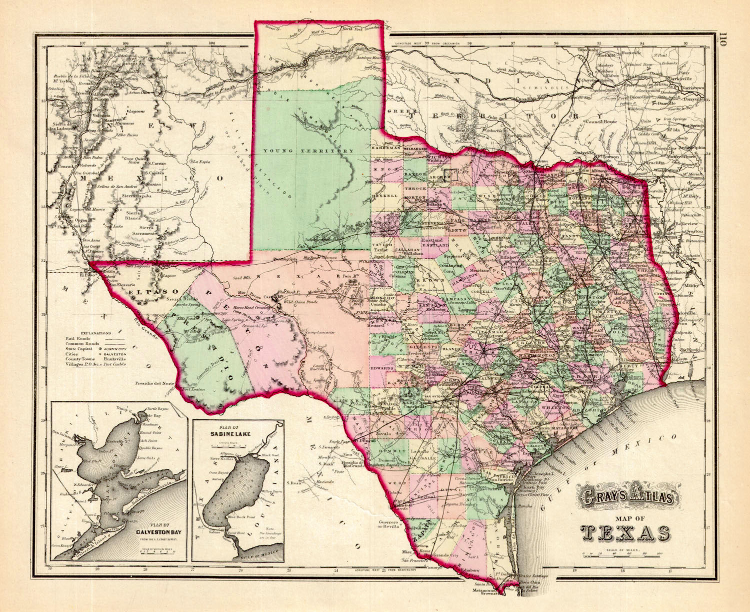 Map of Texas Gray, 1874 While "Kiowa Northern and Middle Comanches" roam the panhandle and north Texas, named but uninhabited counties in the east and central Texas begin to fill in. Railroads begin to stretch into every county in the east. West Texas has few trails and towns and remains divided by four great counties.  Condition is very good. Image size is approximately 12.5 x 15 (inches) $245.00