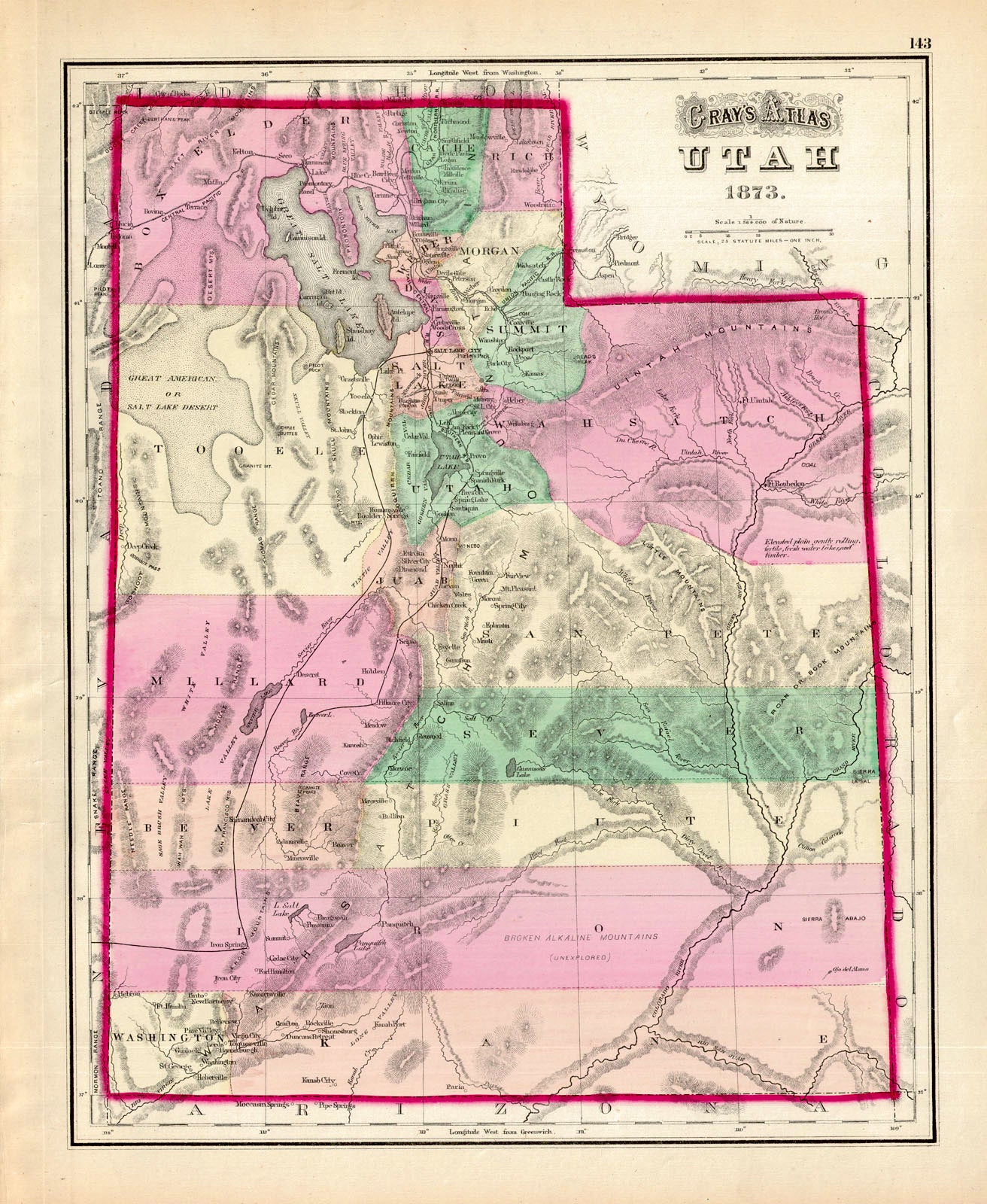 UTAH 1873. Gray, 1874 Bold original hand color distinguishes the counties which are mostly populated only from Bear Lake to Utah Lake. Notes the railroads progression. Honestly treats the southeastern portion of the state as "(Unexplored)". Condition is very good with minimal marginal soiling. Image size is approximately 15 x 12 (inches) 