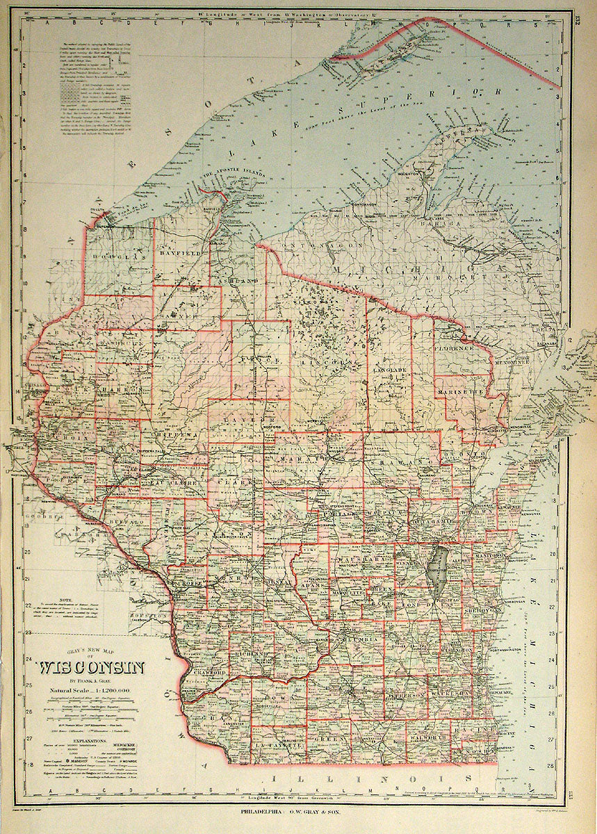(WI) Gray's New Map of Wisconsin