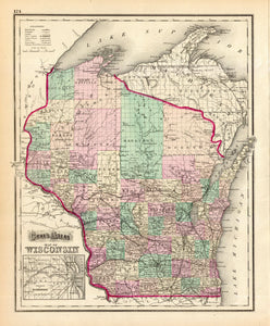 Wisconsin Gray, 1874 A classic glimpse of the state with vast counties in the north, hardly charted, while dense settlement and railroad infrastructure grows throughout the lower half. Hand colored by county and including an inset for the counties around Milwaukee. Condition is very good. Image size is approximately 15 x 12.5 (inches)