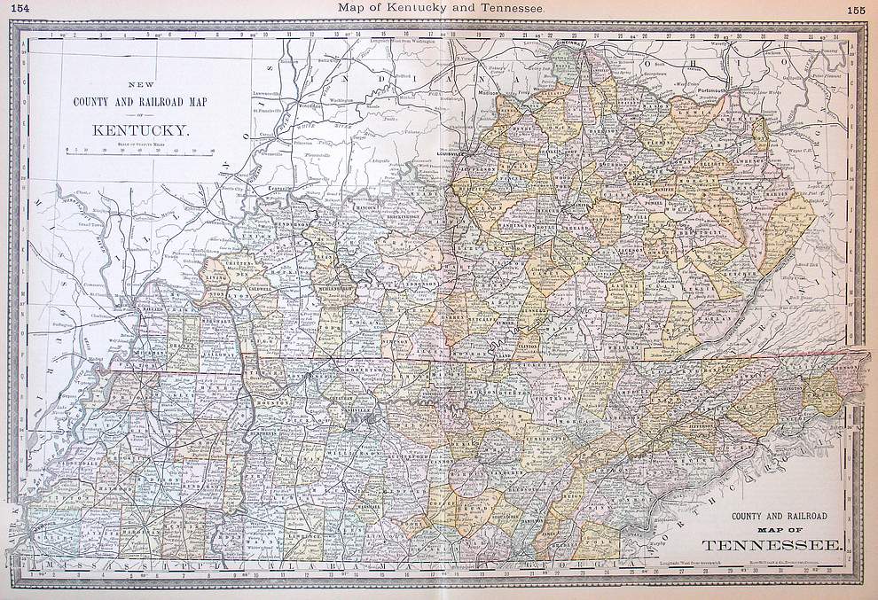 New County and Railroad Map of Kentucky and Tennessee