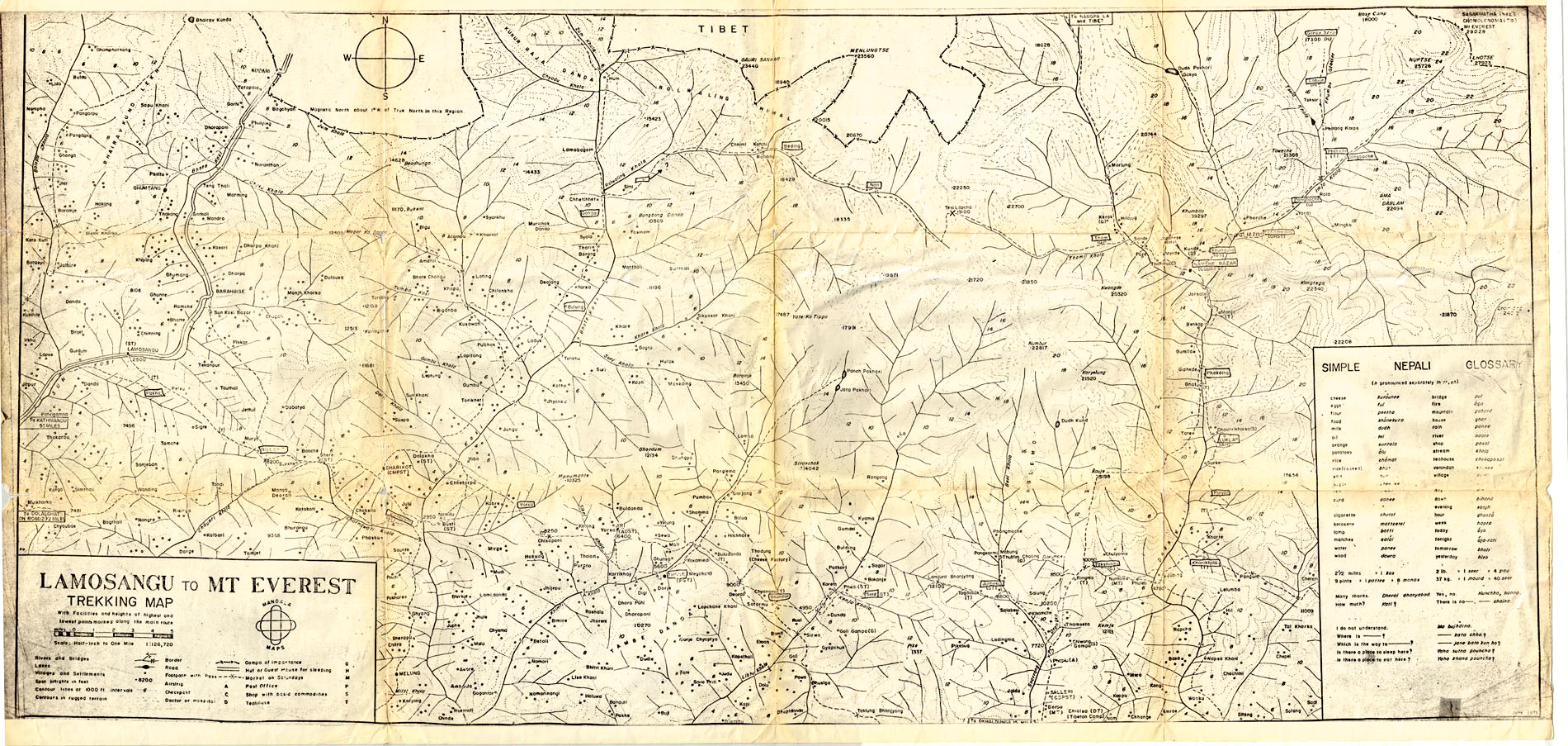 Lamosangu to Mt Everest trekking map from Mandala maps with simple Nepali Glossary